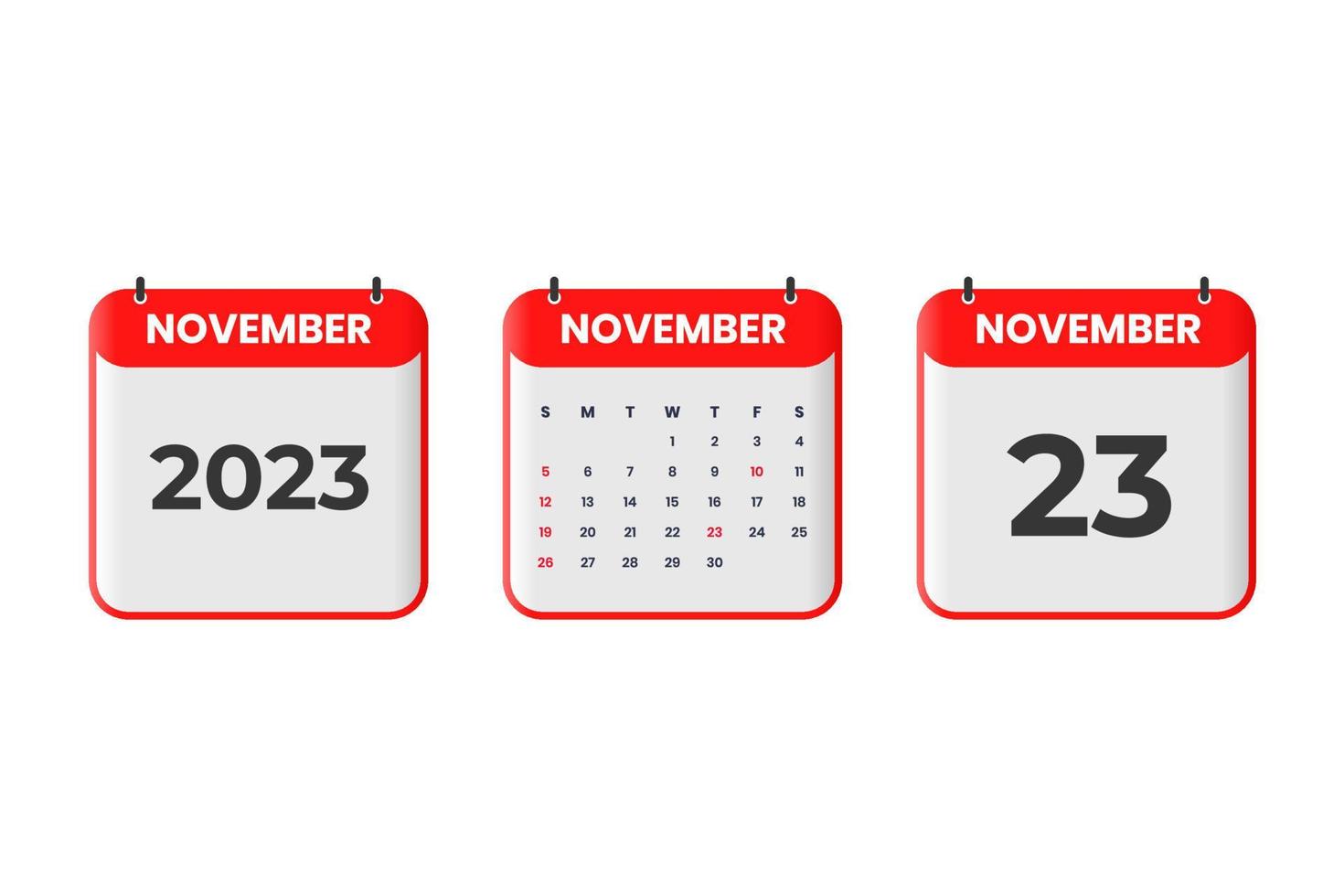 diseño de calendario de noviembre de 2023. 23 de noviembre de 2023 icono de calendario para horario, cita, concepto de fecha importante vector