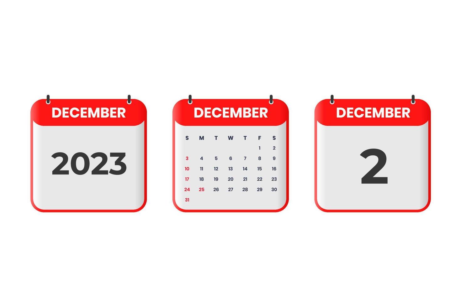 diseño de calendario de diciembre de 2023. 2 de diciembre de 2023 icono de calendario para horario, cita, concepto de fecha importante vector