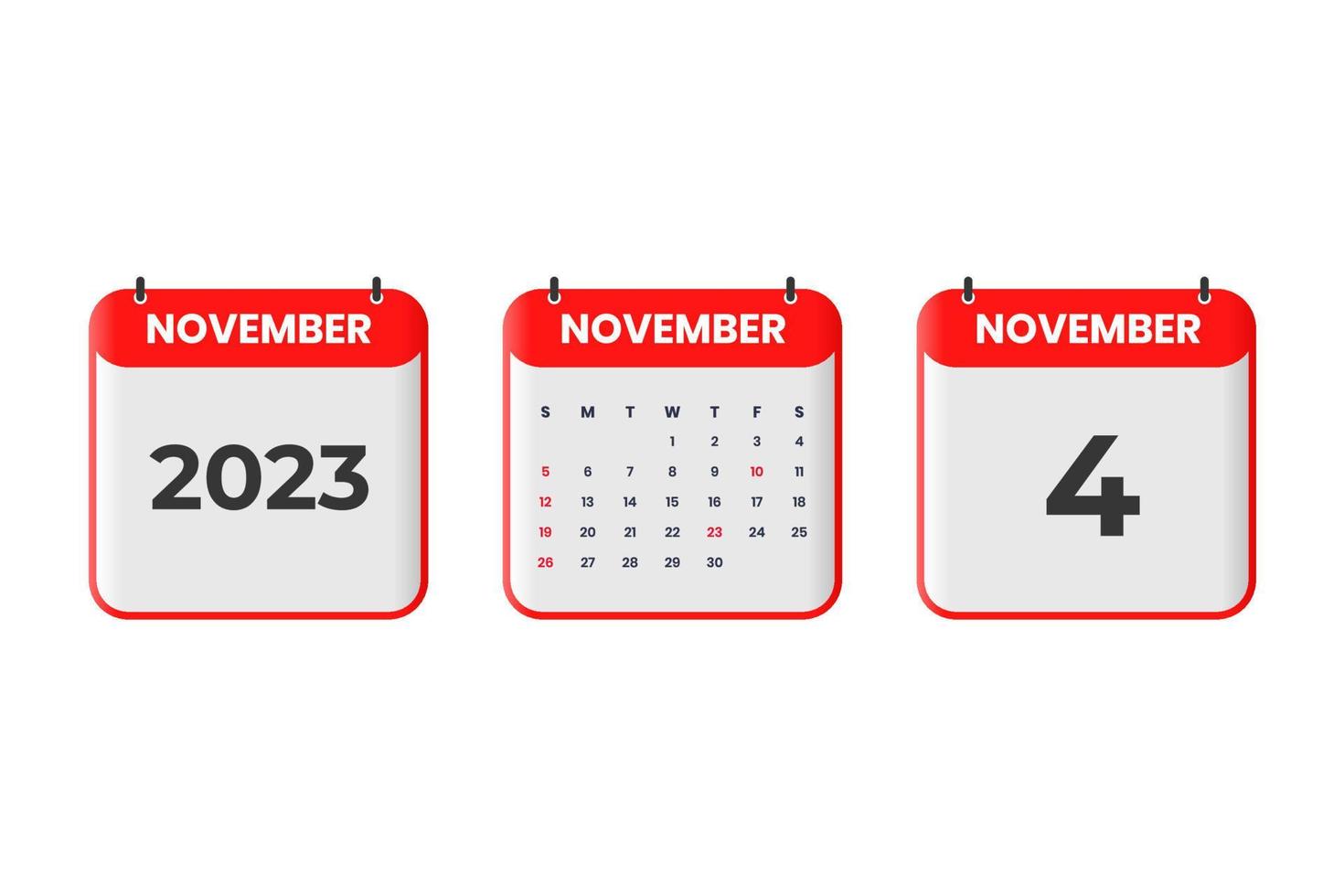 diseño de calendario de noviembre de 2023. 4 de noviembre de 2023 icono de calendario para horario, cita, concepto de fecha importante vector