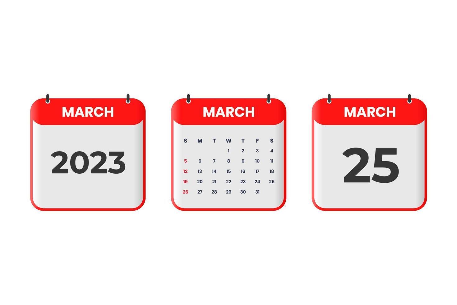 March 2023 calendar design. 25th March 2023 calendar icon for schedule, appointment, important date concept vector
