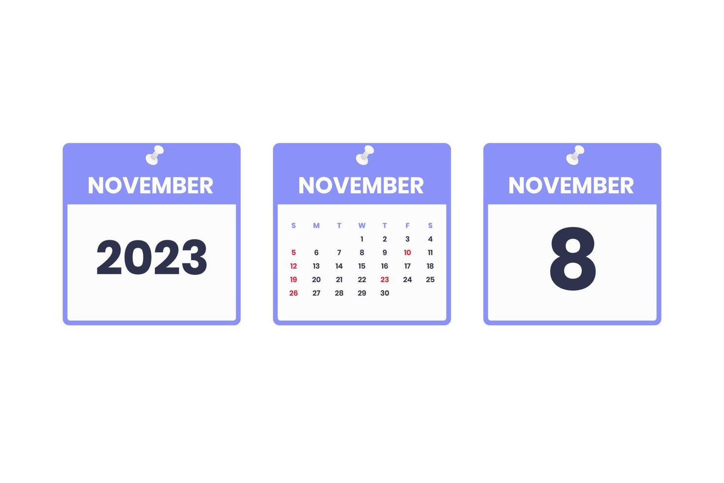 November calendar design. November 8 2023 calendar icon for schedule, appointment, important date concept vector