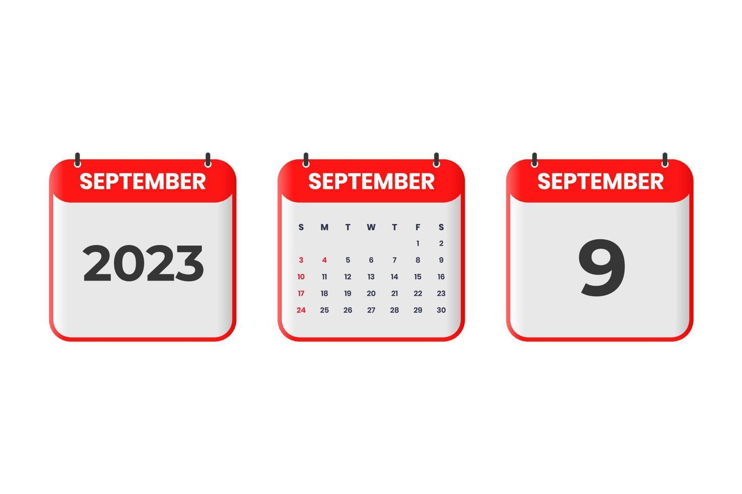 September 2023 calendar design. 9th September 2023 calendar icon for schedule, appointment, important date concept vector