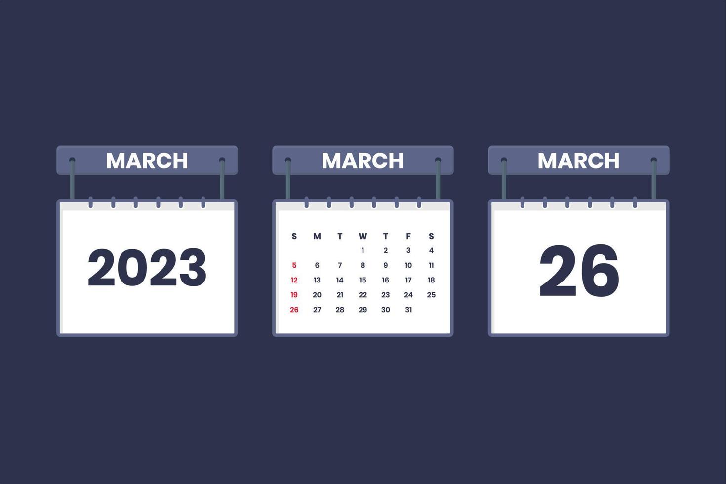 26 March 2023 calendar icon for schedule, appointment, important date concept vector