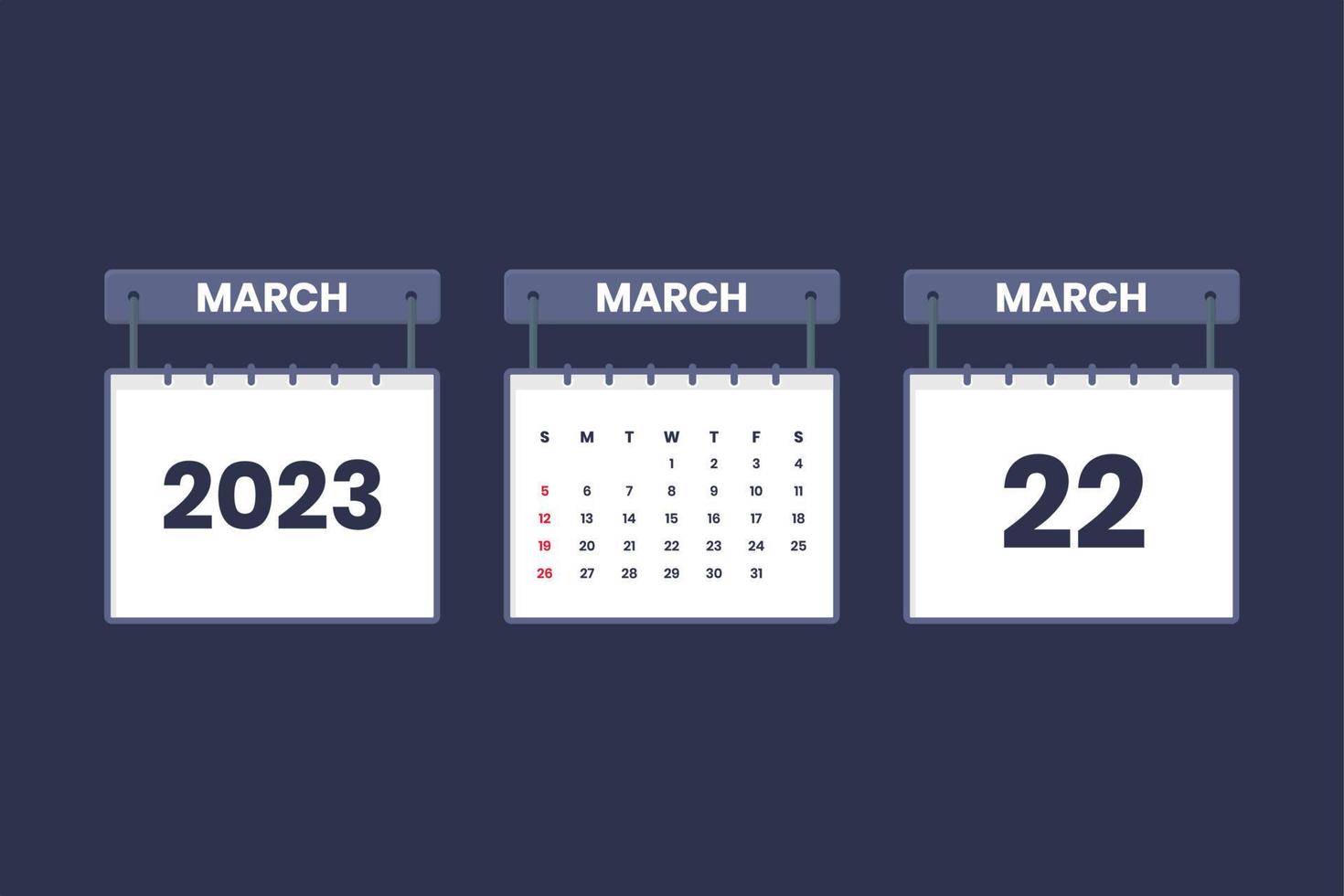 22 March 2023 calendar icon for schedule, appointment, important date concept vector