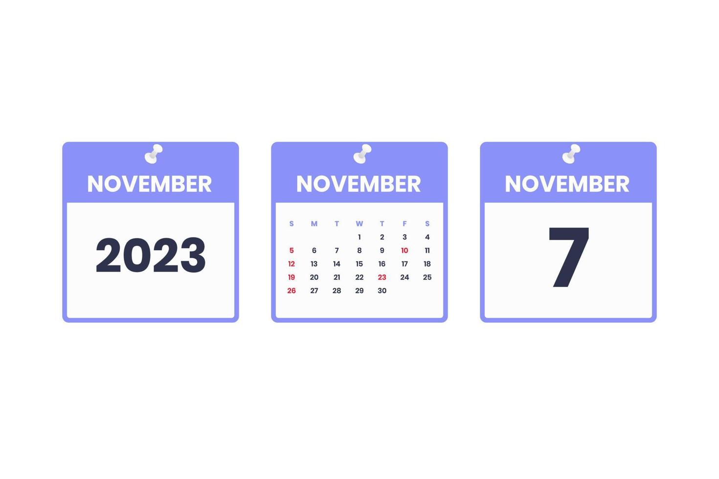 November calendar design. November 7 2023 calendar icon for schedule, appointment, important date concept vector