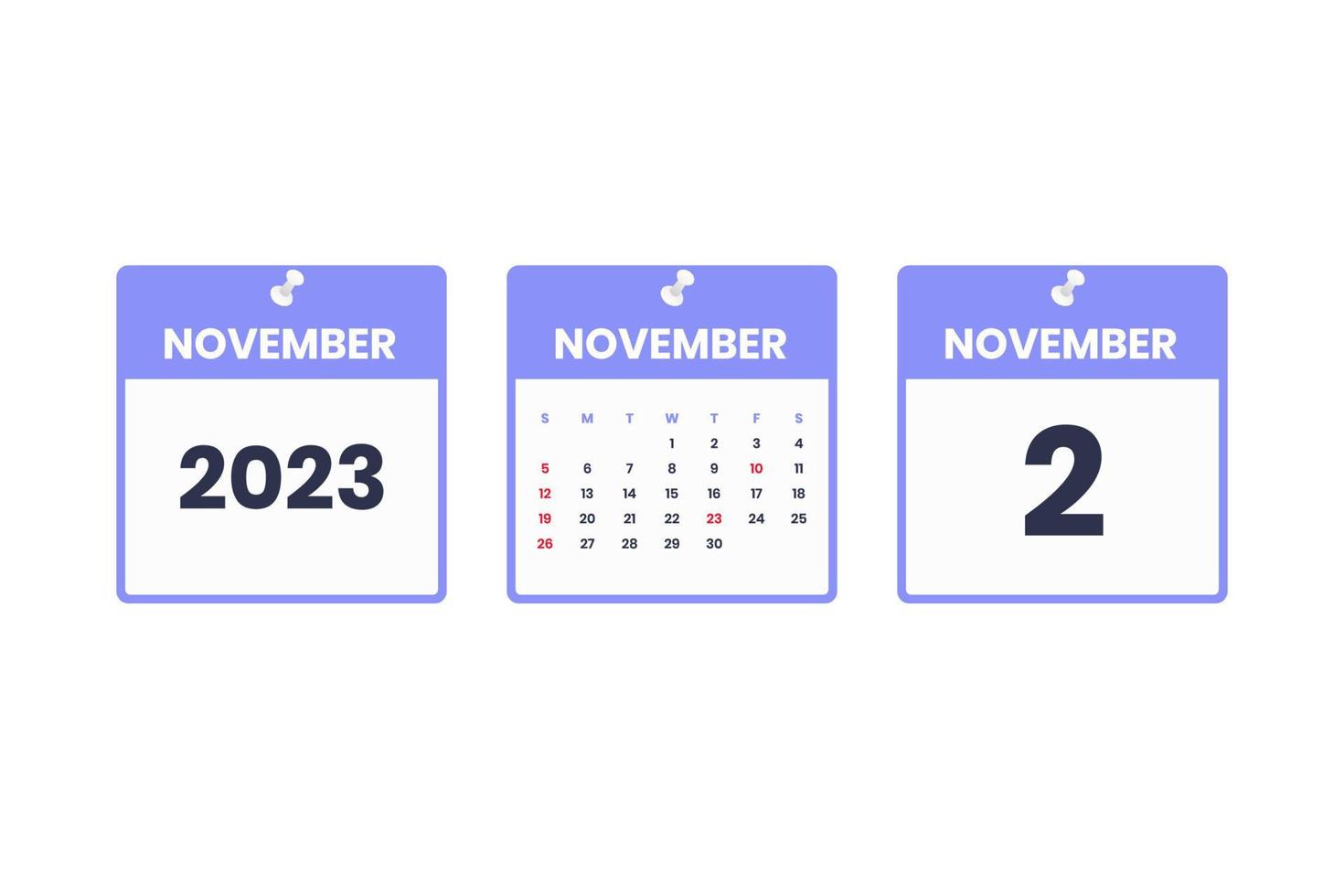 November calendar design. November 2 2023 calendar icon for schedule, appointment, important date concept vector