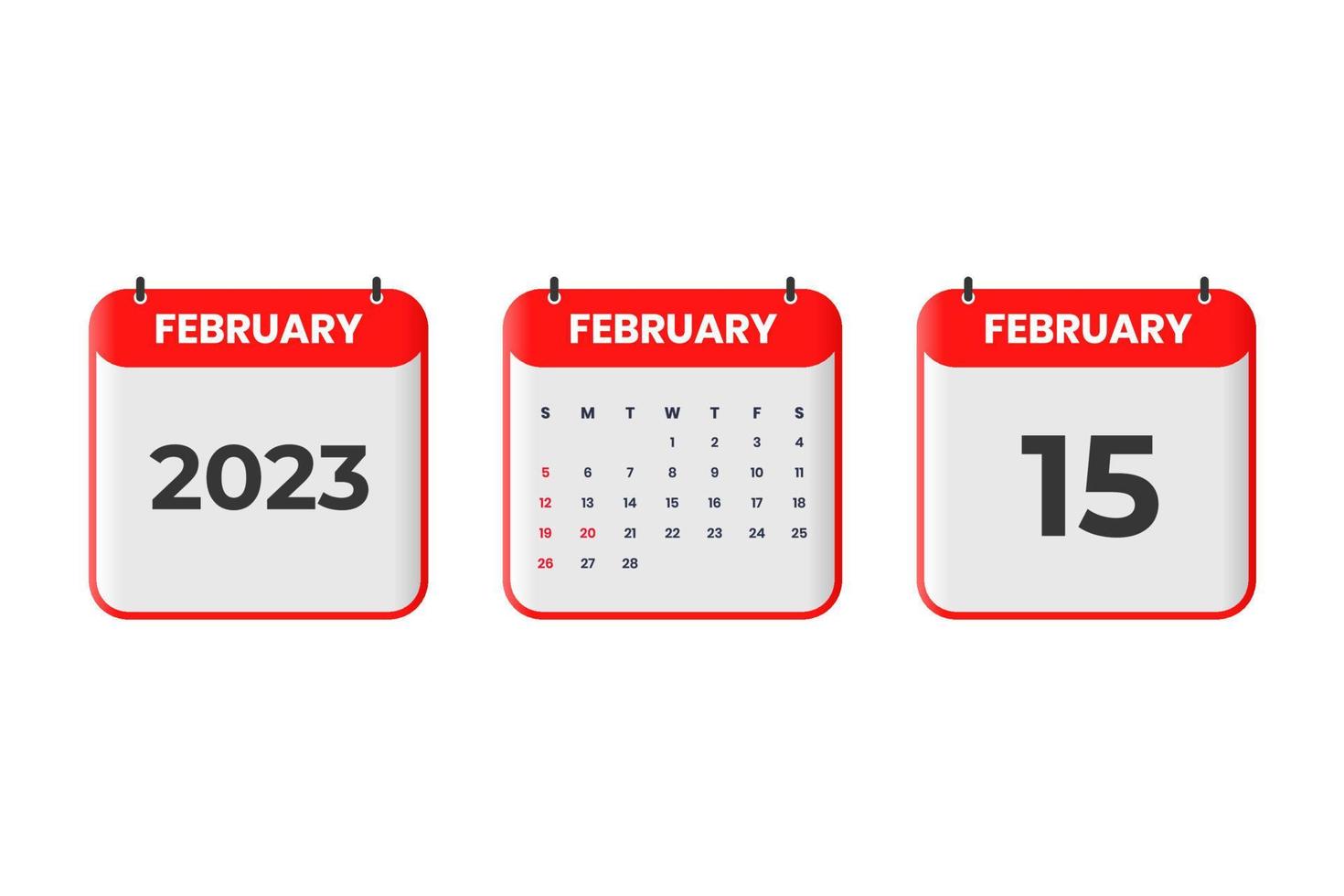 February 2023 calendar design. 15th February 2023 calendar icon for
