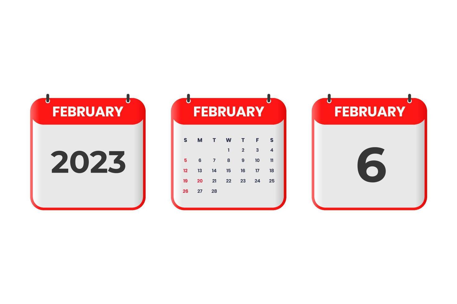 diseño de calendario de febrero de 2023. 6 de febrero de 2023 icono de calendario para horario, cita, concepto de fecha importante vector