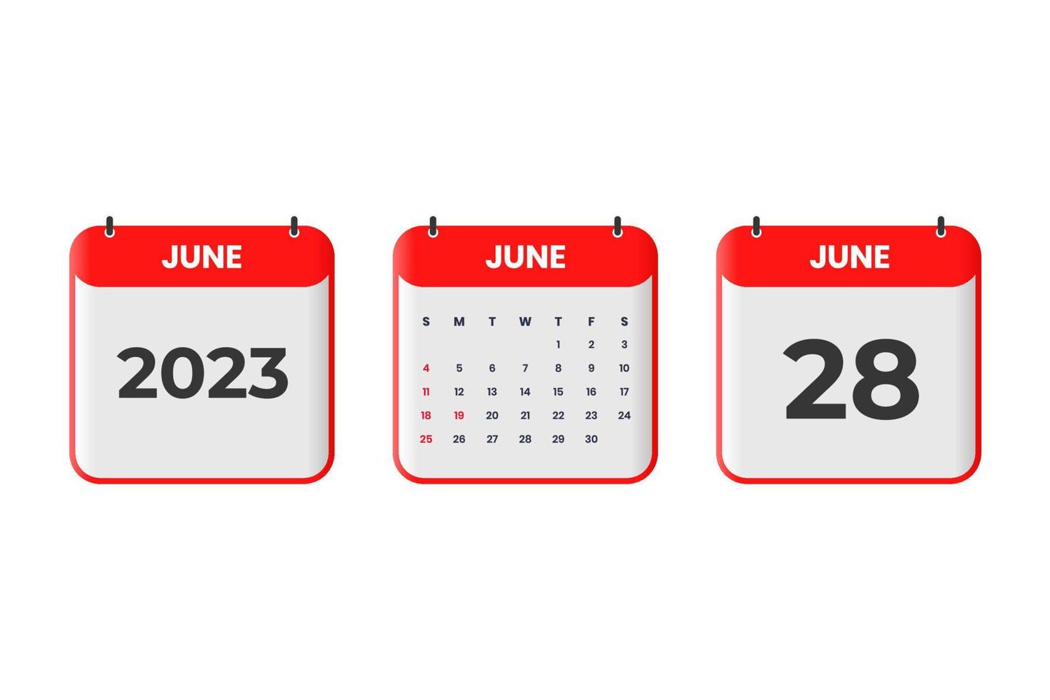 Diseño de calendario de junio de 2023. 28 de junio de 2023 icono de calendario para horario, cita, concepto de fecha importante vector