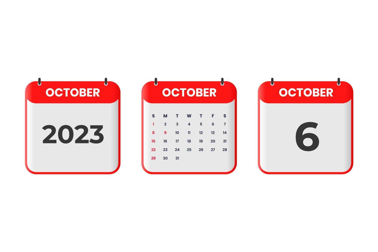October 2023 calendar design. 6th October 2023 calendar icon for schedule, appointment, important date concept vector