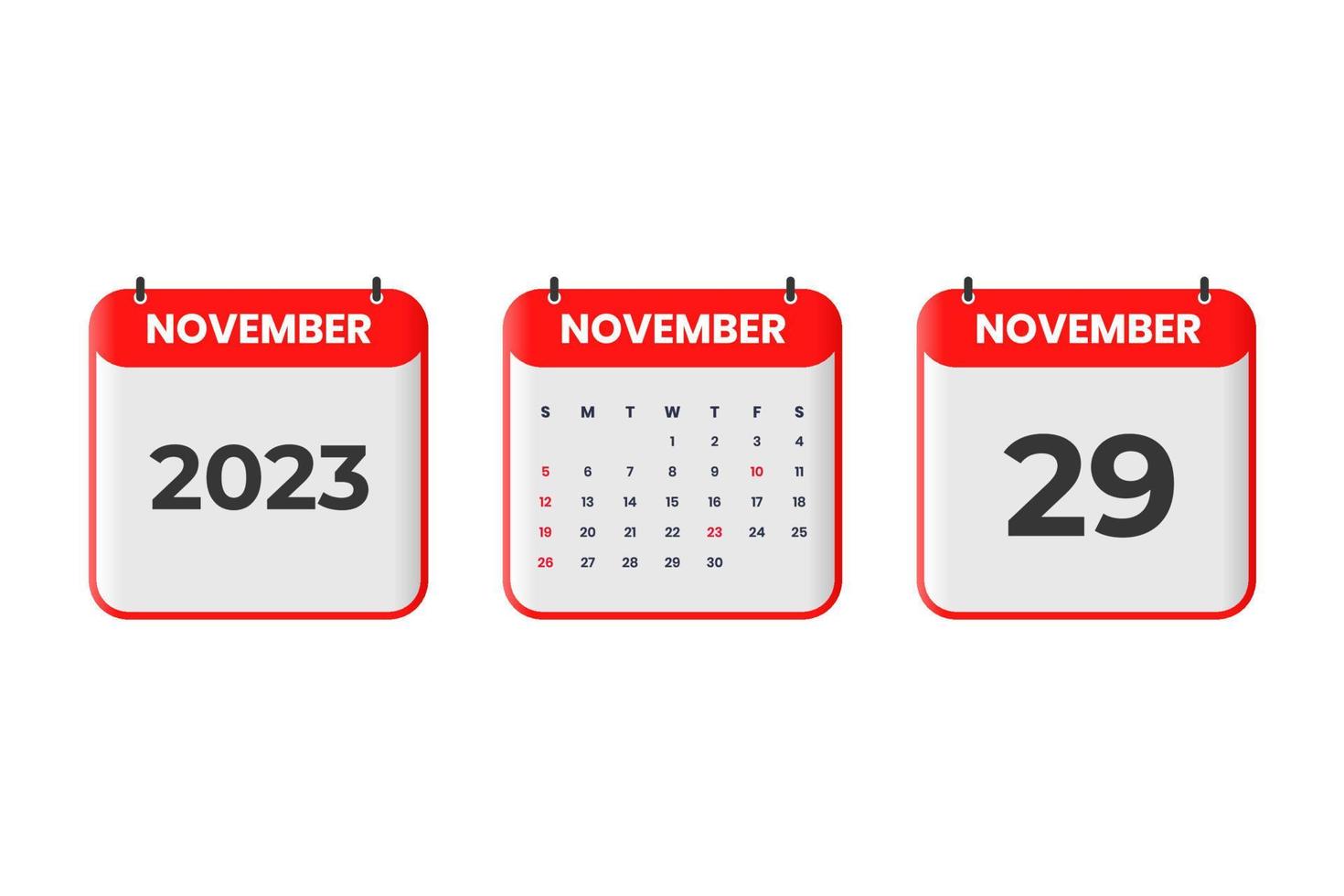November 2023 calendar design. 29th November 2023 calendar icon for schedule, appointment, important date concept vector