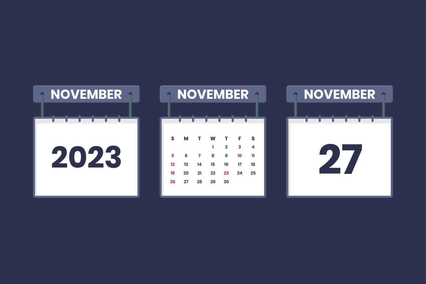 27 de noviembre de 2023 icono de calendario para horario, cita, concepto de fecha importante vector