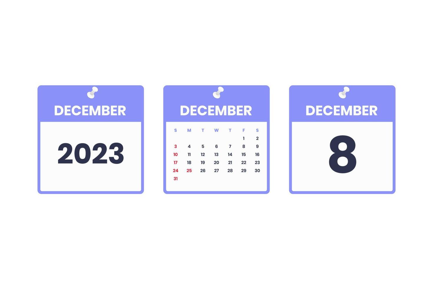 December calendar design. December 8 2023 calendar icon for schedule, appointment, important date concept vector