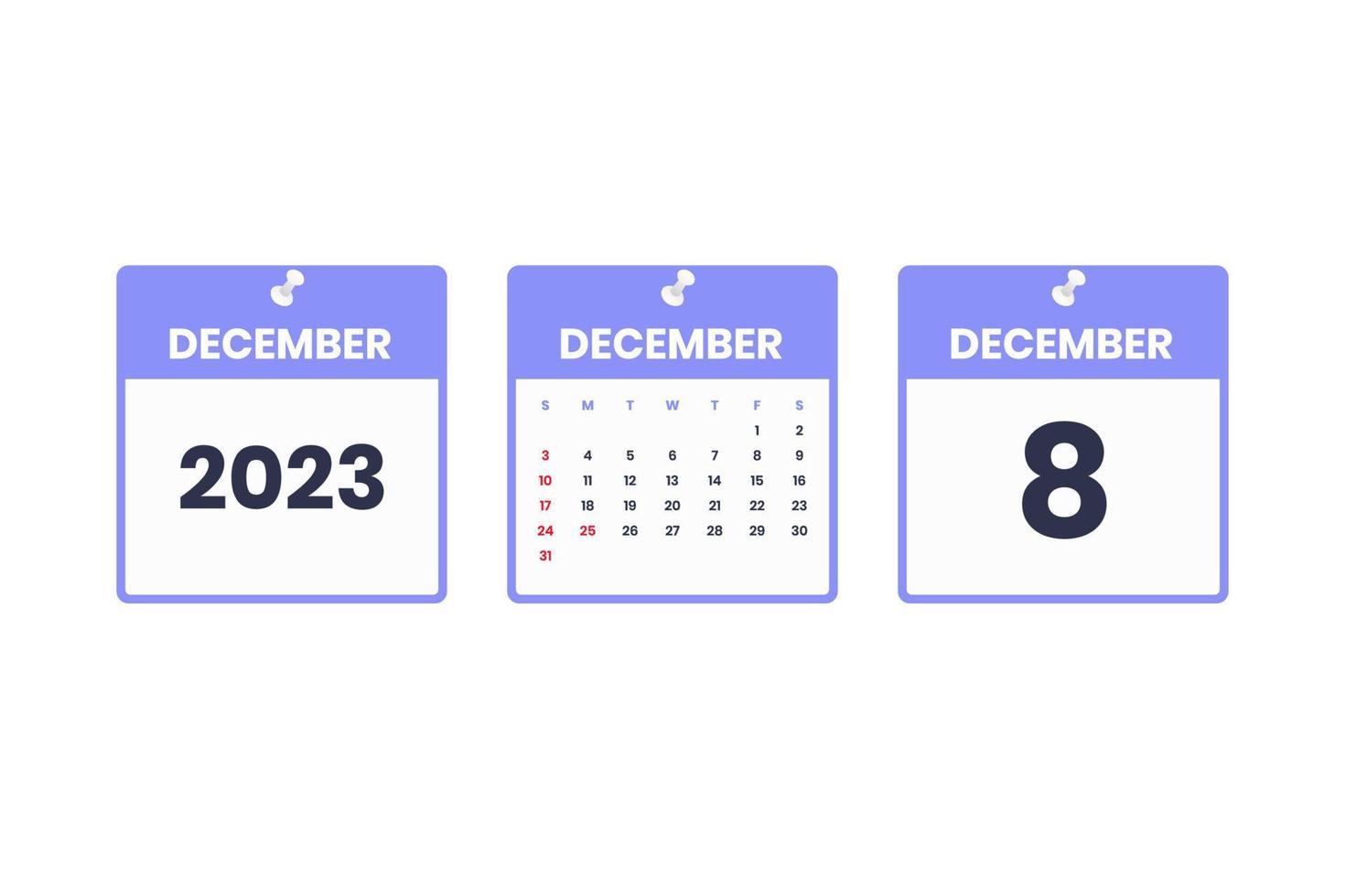 December calendar design. December 8 2023 calendar icon for schedule, appointment, important date concept vector