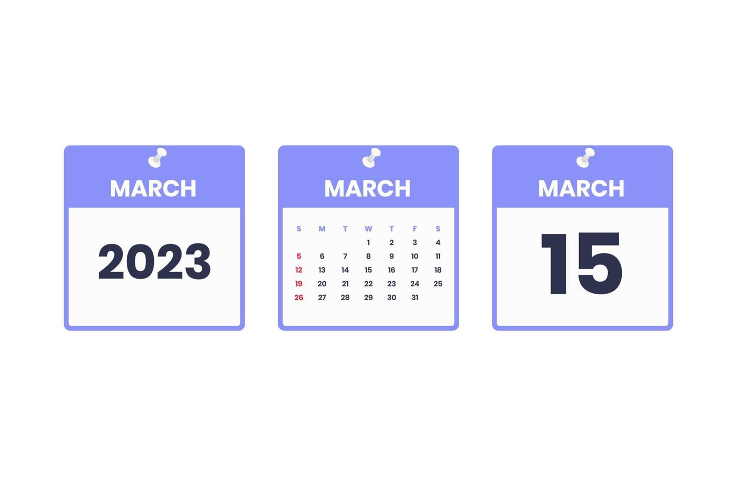 March calendar design. March 15 2023 calendar icon for schedule, appointment, important date concept vector