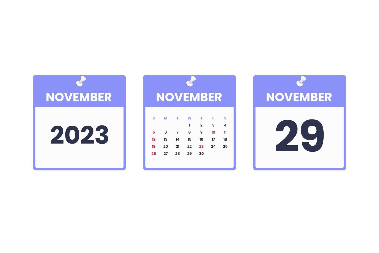 diseño de calendario de noviembre. 29 de noviembre de 2023 icono de calendario para horario, cita, concepto de fecha importante vector