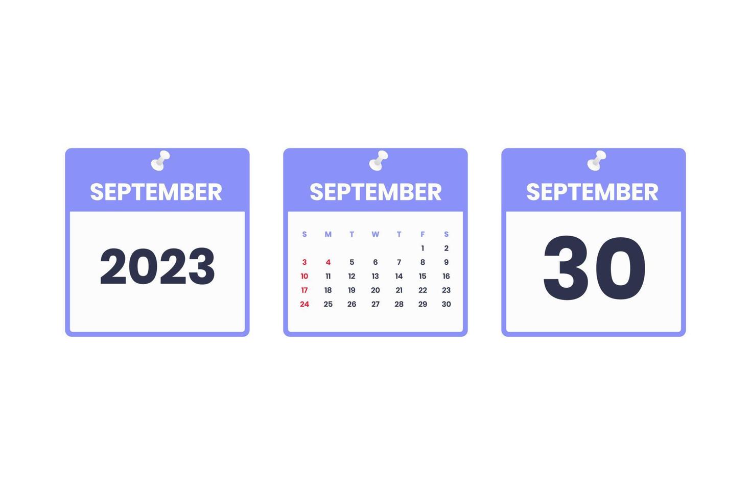 diseño de calendario de septiembre. 30 de septiembre de 2023 icono de calendario para horario, cita, concepto de fecha importante vector