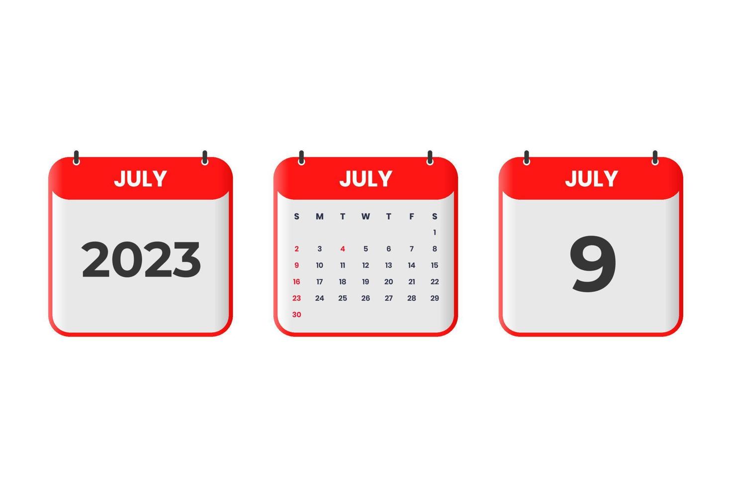 July 2023 calendar design. 9th July 2023 calendar icon for schedule, appointment, important date concept vector