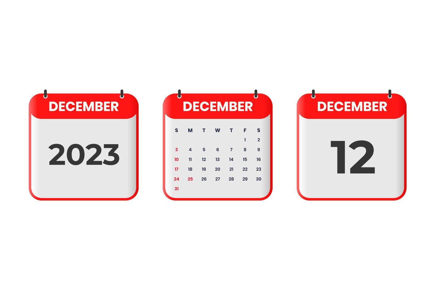 diseño de calendario de diciembre de 2023. 12 de diciembre de 2023 icono de calendario para horario, cita, concepto de fecha importante vector