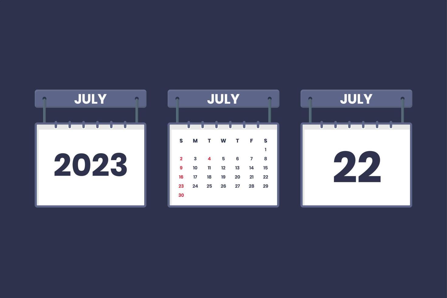 22 July 2023 calendar icon for schedule, appointment, important date concept vector