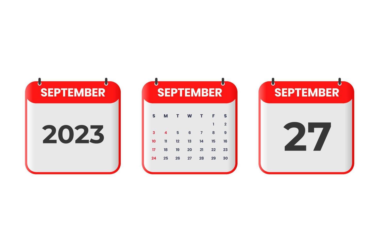 diseño de calendario de septiembre de 2023. 27 de septiembre de 2023 icono de calendario para horario, cita, concepto de fecha importante vector