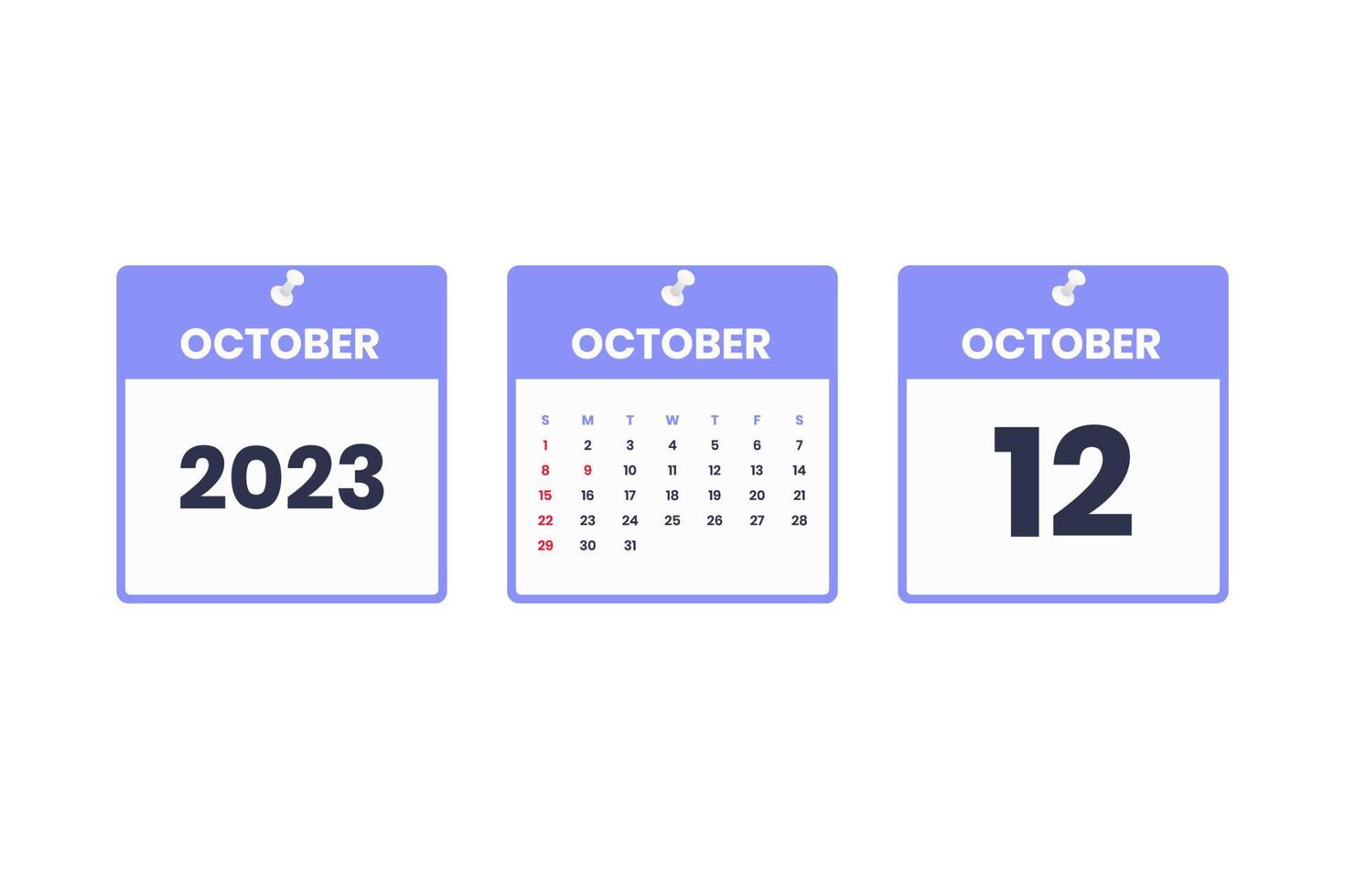 diseño del calendario de octubre. 12 de octubre de 2023 icono de calendario para horario, cita, concepto de fecha importante vector