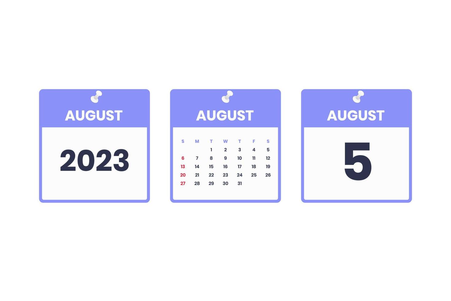 August calendar design. August 5 2023 calendar icon for schedule, appointment, important date concept vector