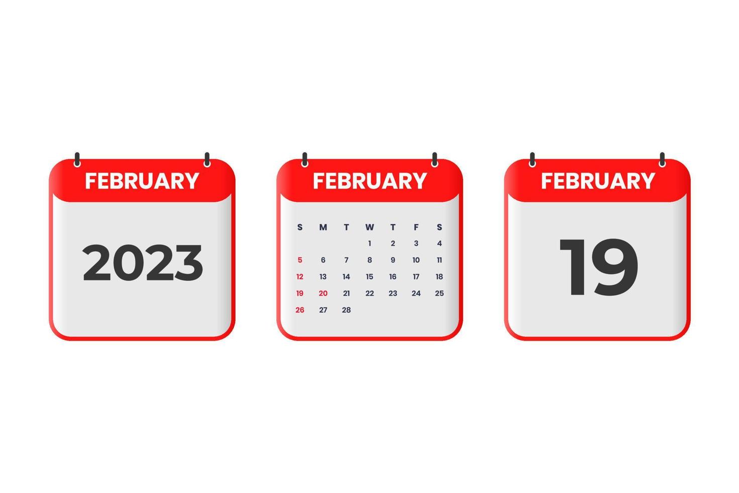 diseño de calendario de febrero de 2023. 19 de febrero de 2023 icono de calendario para horario, cita, concepto de fecha importante vector