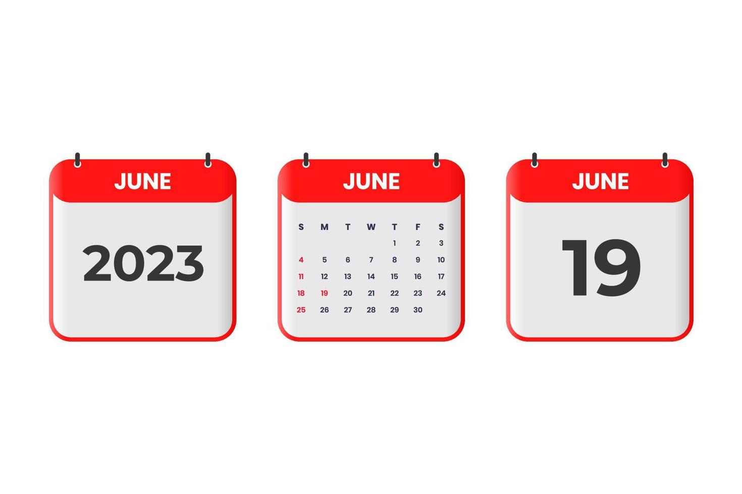 Diseño de calendario de junio de 2023. 19 de junio de 2023 icono de calendario para horario, cita, concepto de fecha importante vector