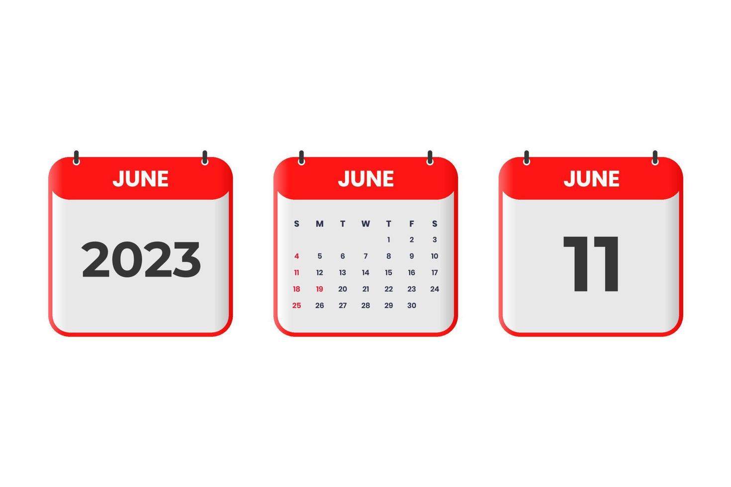 Diseño de calendario de junio de 2023. 11 de junio de 2023 icono de calendario para horario, cita, concepto de fecha importante vector