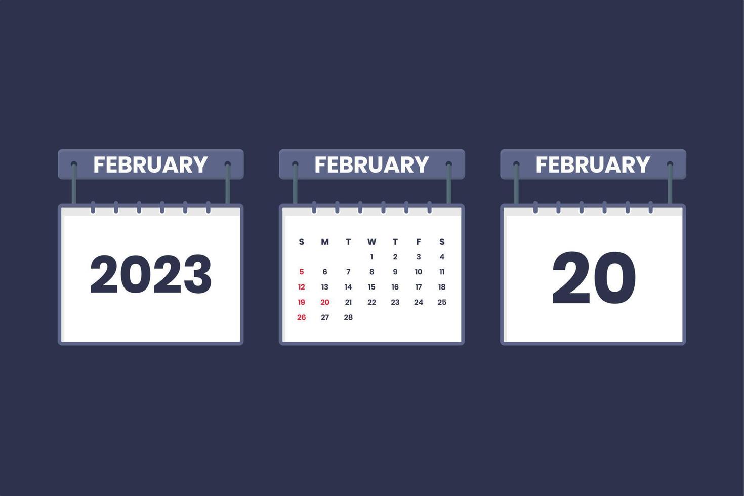 20 February 2023 calendar icon for schedule, appointment, important date concept vector