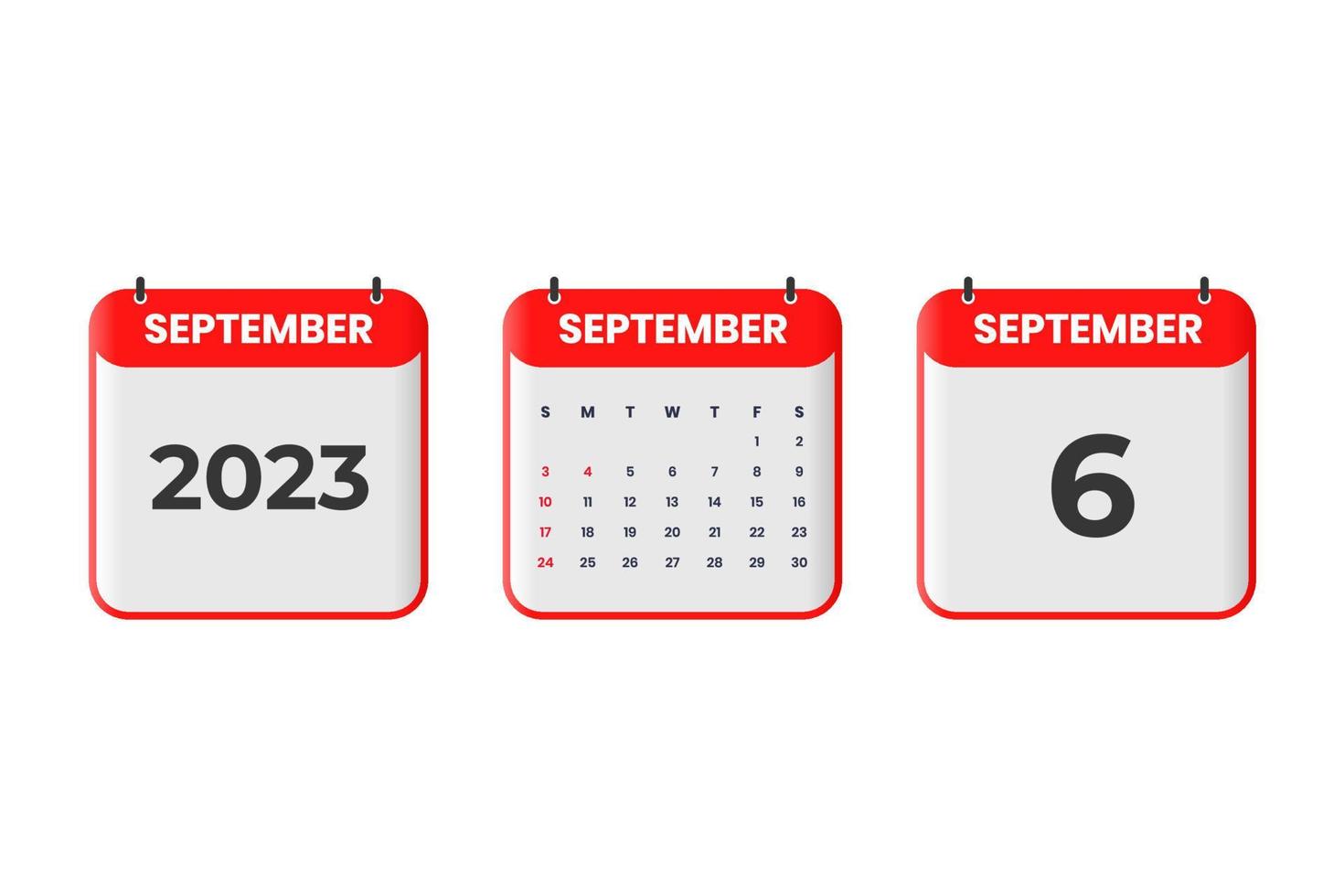 September 2023 calendar design. 6th September 2023 calendar icon for schedule, appointment, important date concept vector