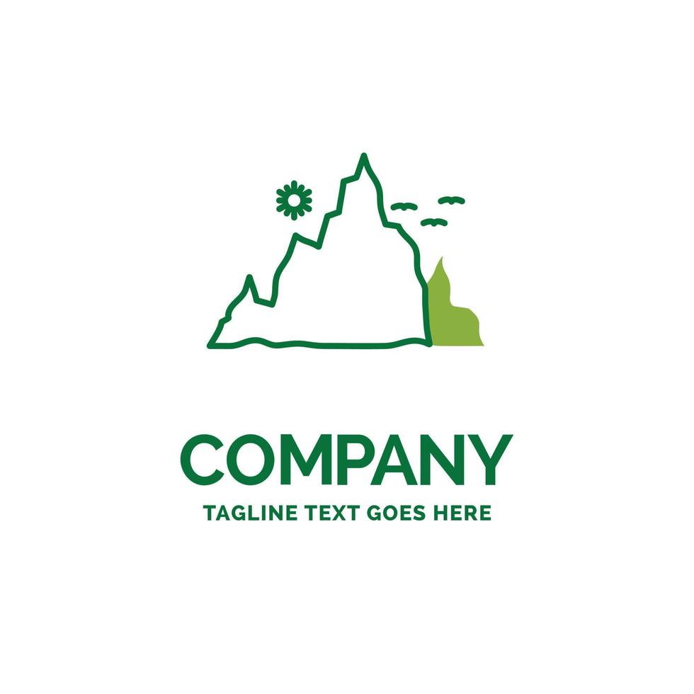 mountain. landscape. hill. nature. sun Flat Business Logo template. Creative Green Brand Name Design. vector