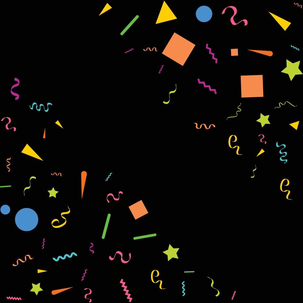 Colorful Confetti. Vector Festive Illustration of Falling Shiny Confetti Isolated on Black Black Background. Holiday Decorative Tinsel Element for Design
