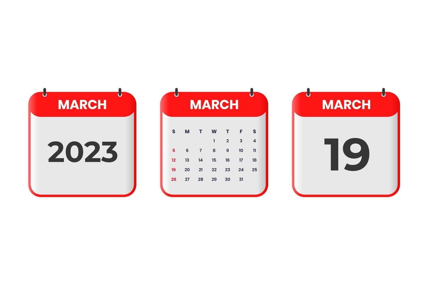 March 2023 calendar design. 19th March 2023 calendar icon for schedule, appointment, important date concept vector