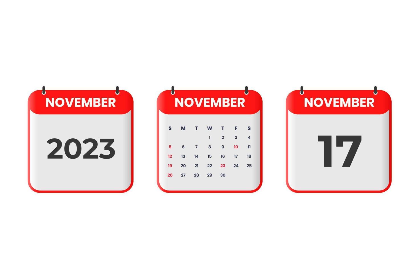 November 2023 calendar design. 17th November 2023 calendar icon for schedule, appointment, important date concept vector