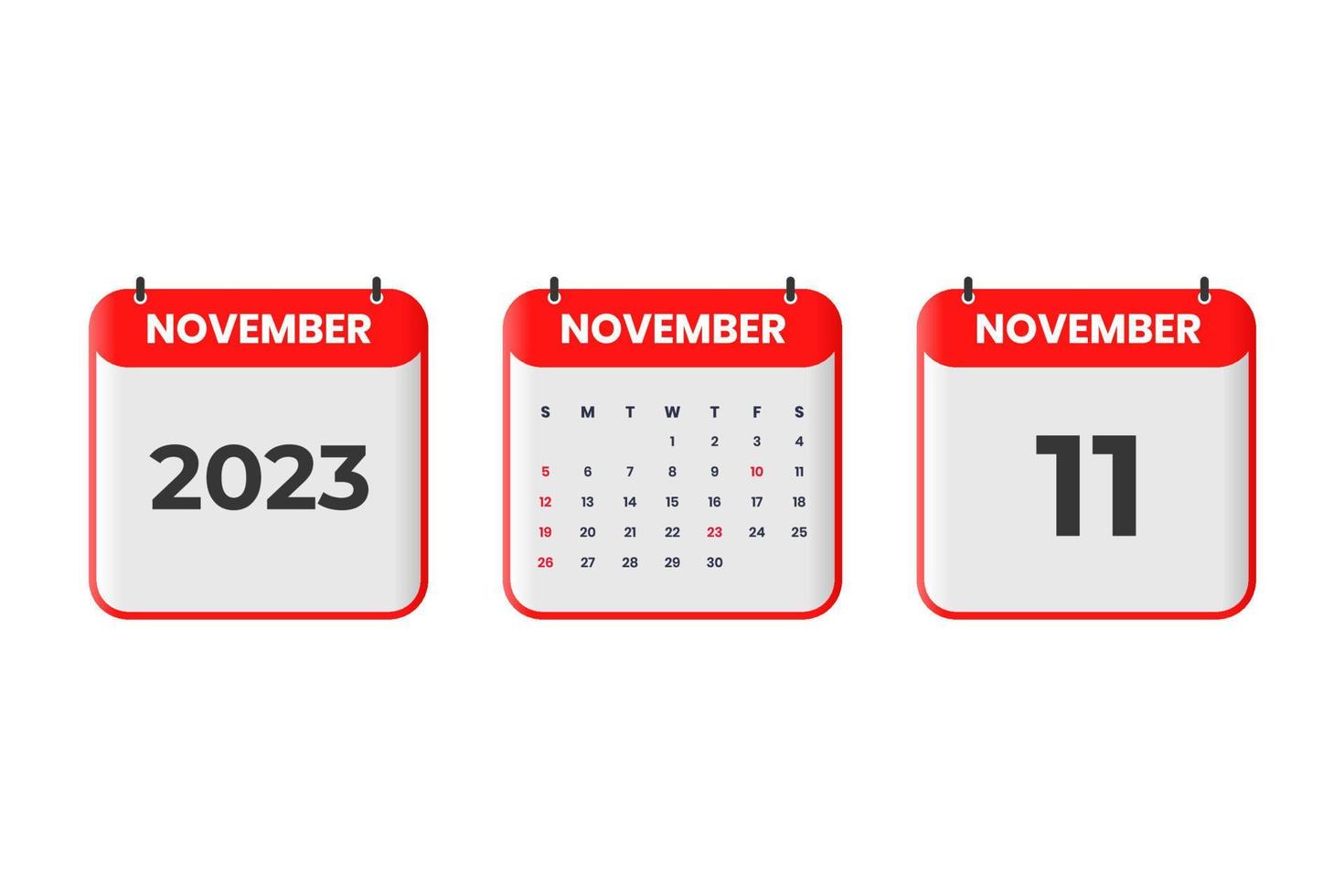 November 2023 calendar design. 11th November 2023 calendar icon for schedule, appointment, important date concept vector