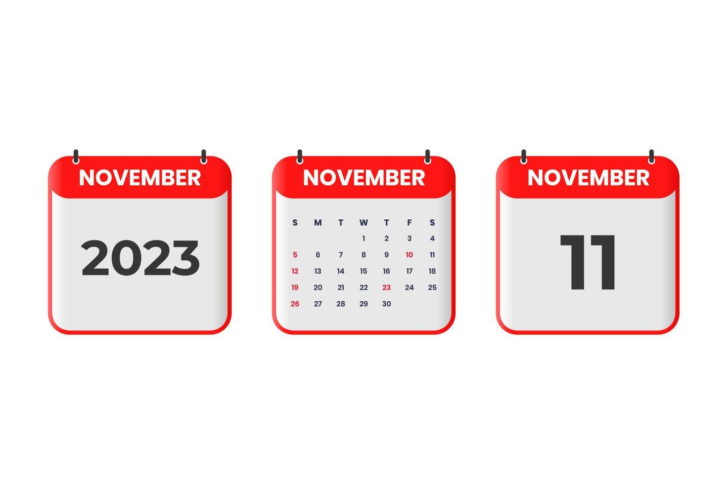 diseño de calendario de noviembre de 2023. 11 de noviembre de 2023 icono de calendario para horario, cita, concepto de fecha importante vector