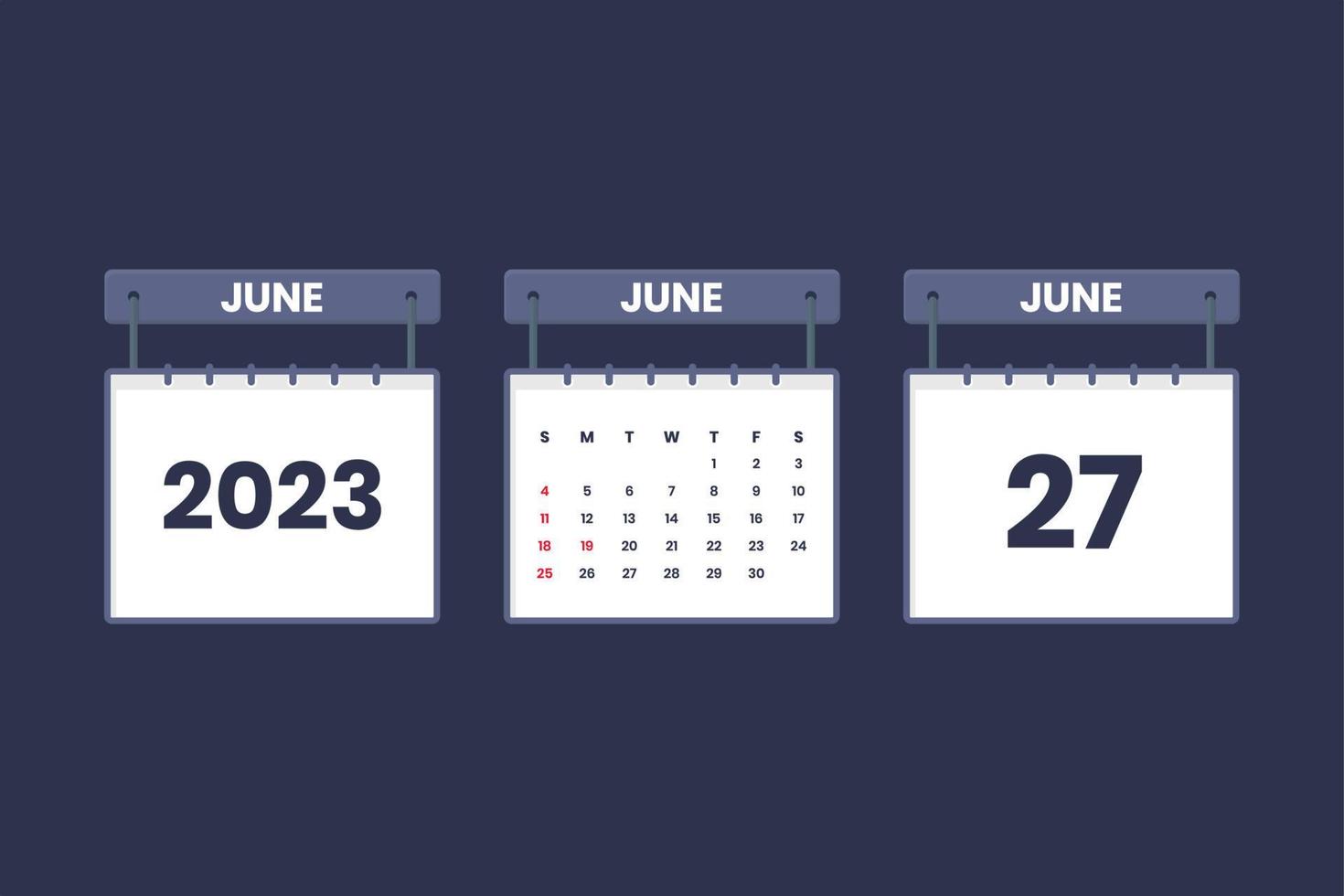 27 June 2023 calendar icon for schedule, appointment, important date concept vector