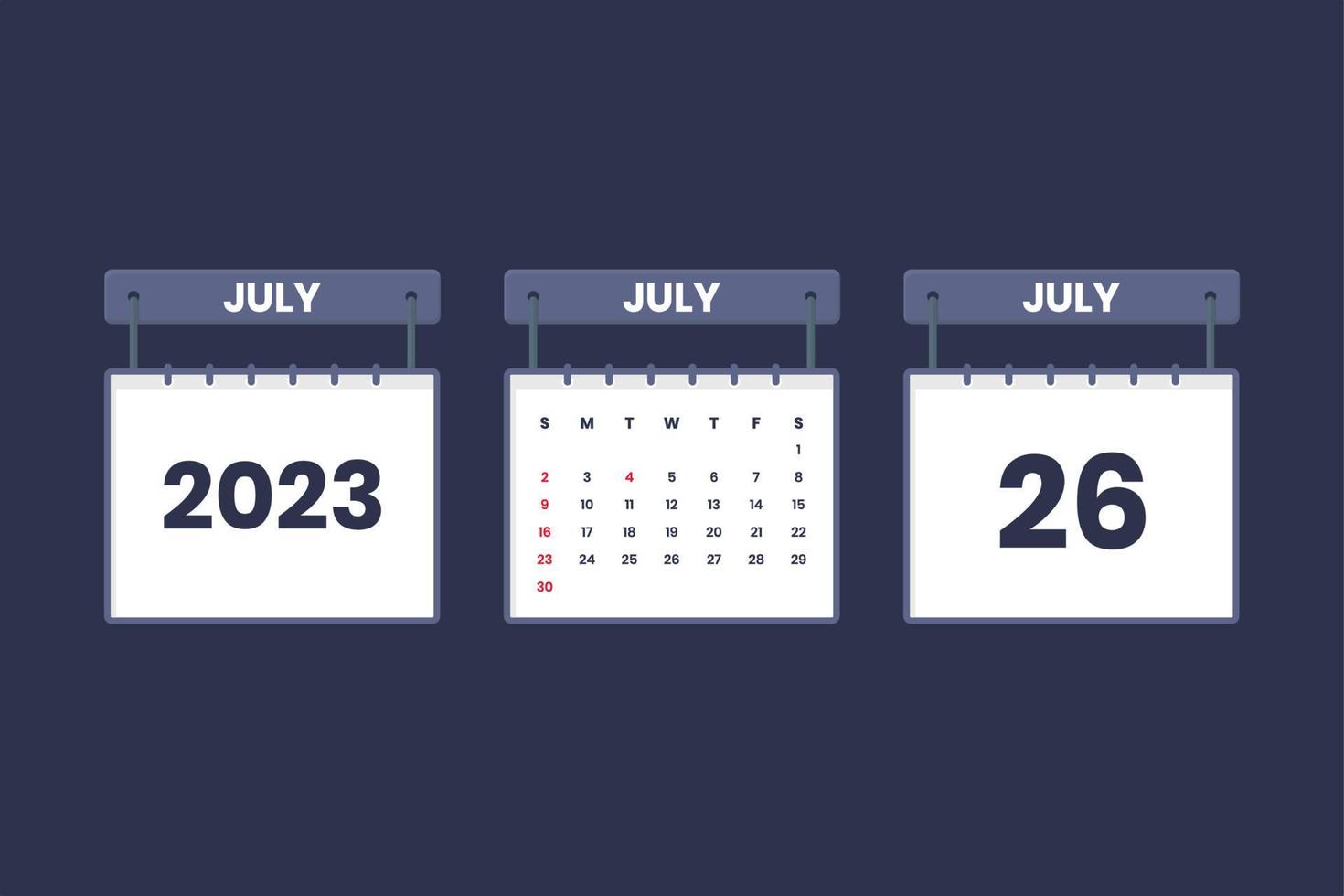 26 de julio de 2023 icono de calendario para horario, cita, concepto de fecha importante vector