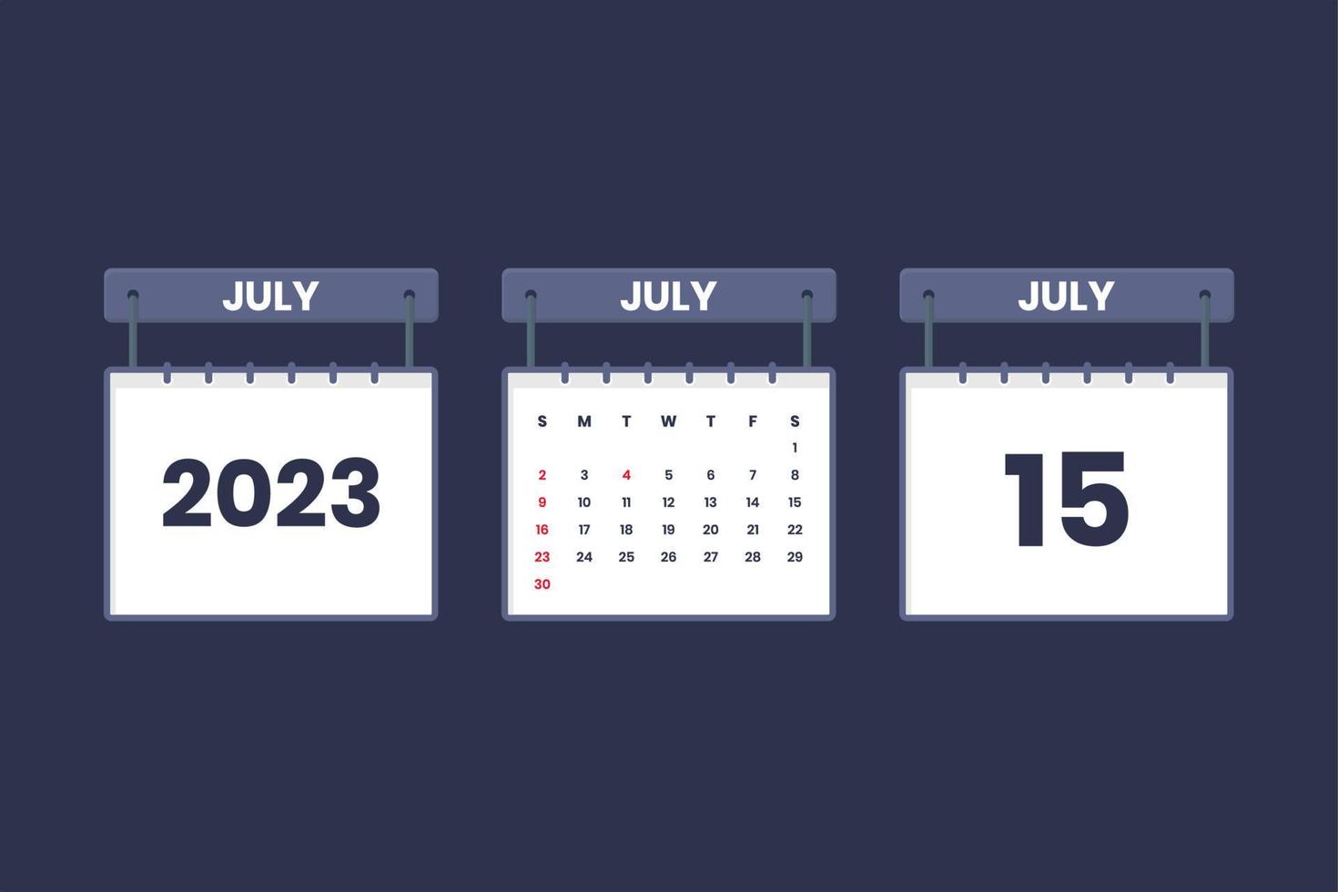 15 de julio de 2023 icono de calendario para horario, cita, concepto de fecha importante vector