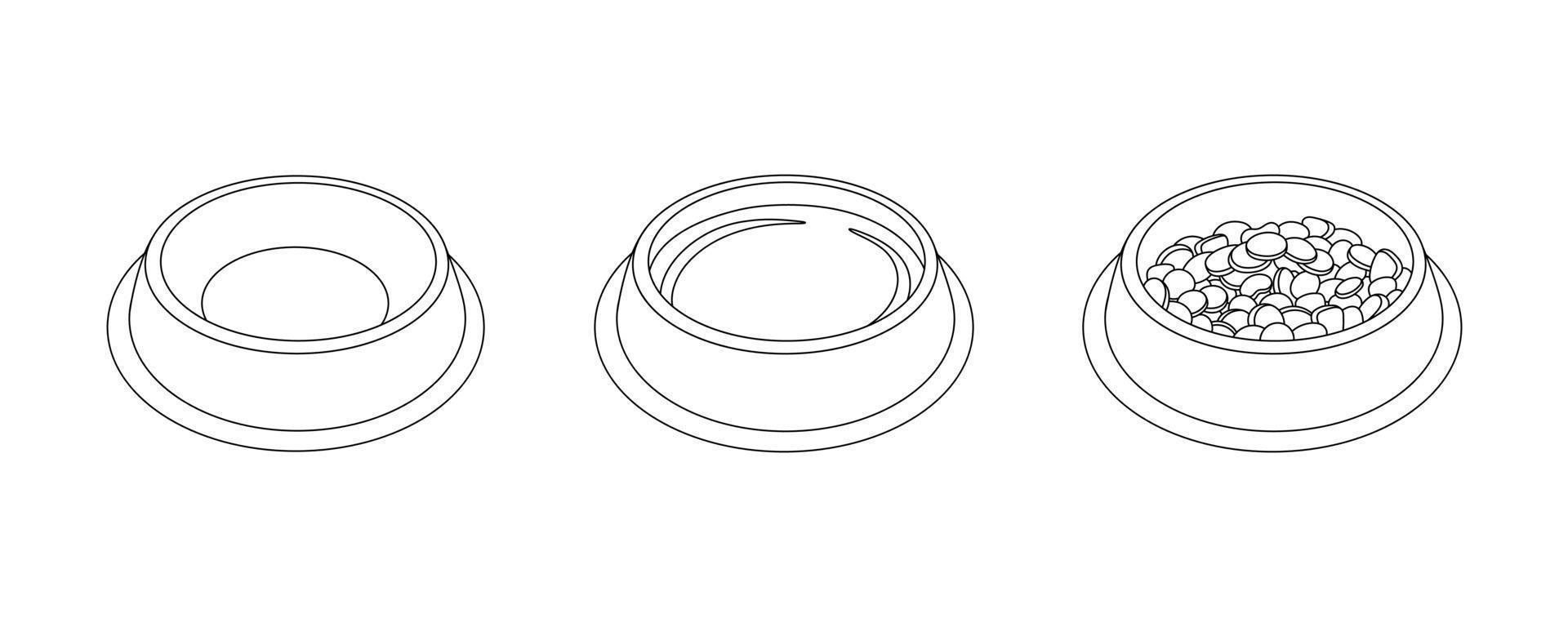 Bowl of food for feed dog and cat pet in doodle style, vector illustration. Animal bowl icon, food and water dish. Set of isolated elements on white background for print and design