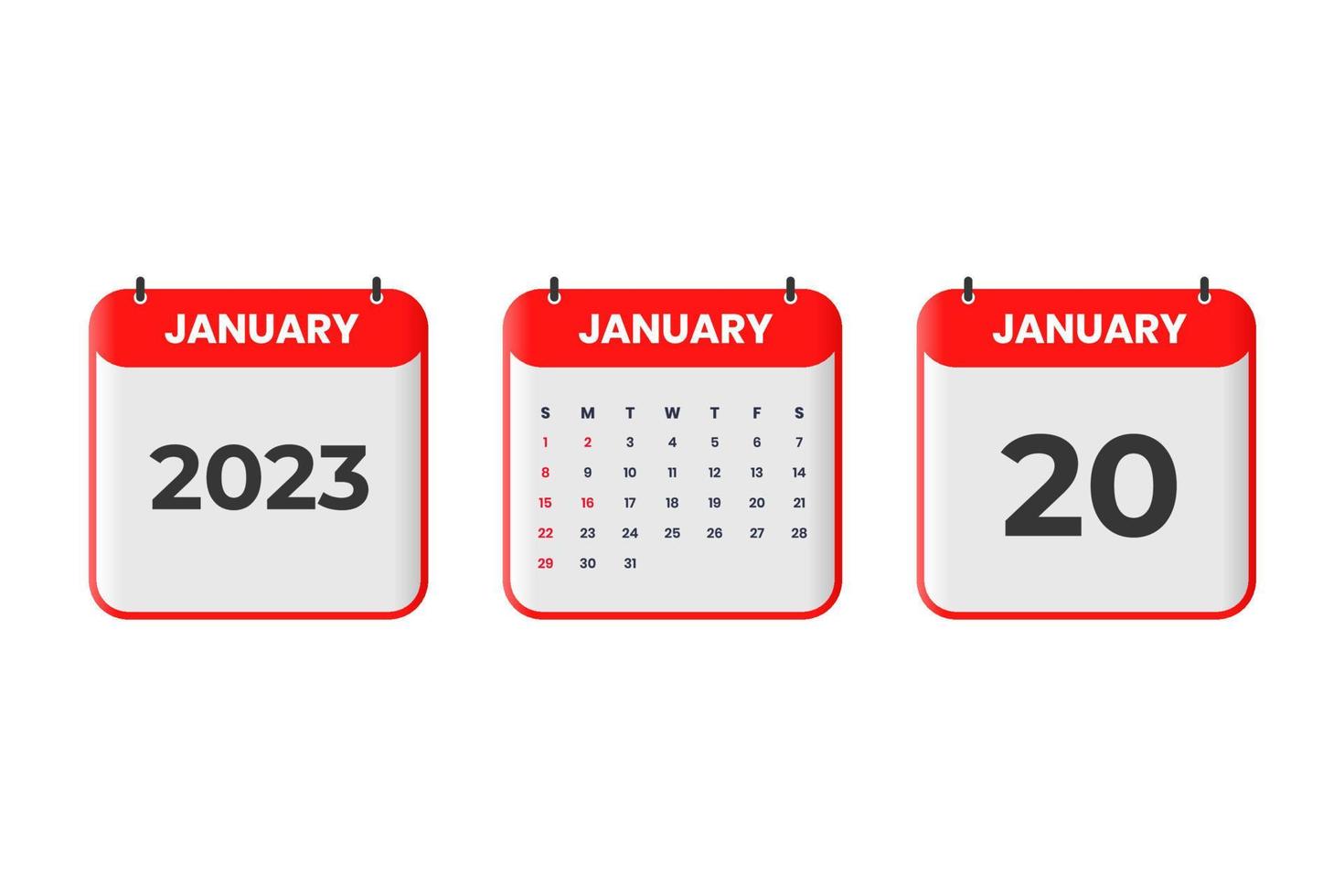 January 2023 calendar design. 20th January 2023 calendar icon for schedule, appointment, important date concept vector