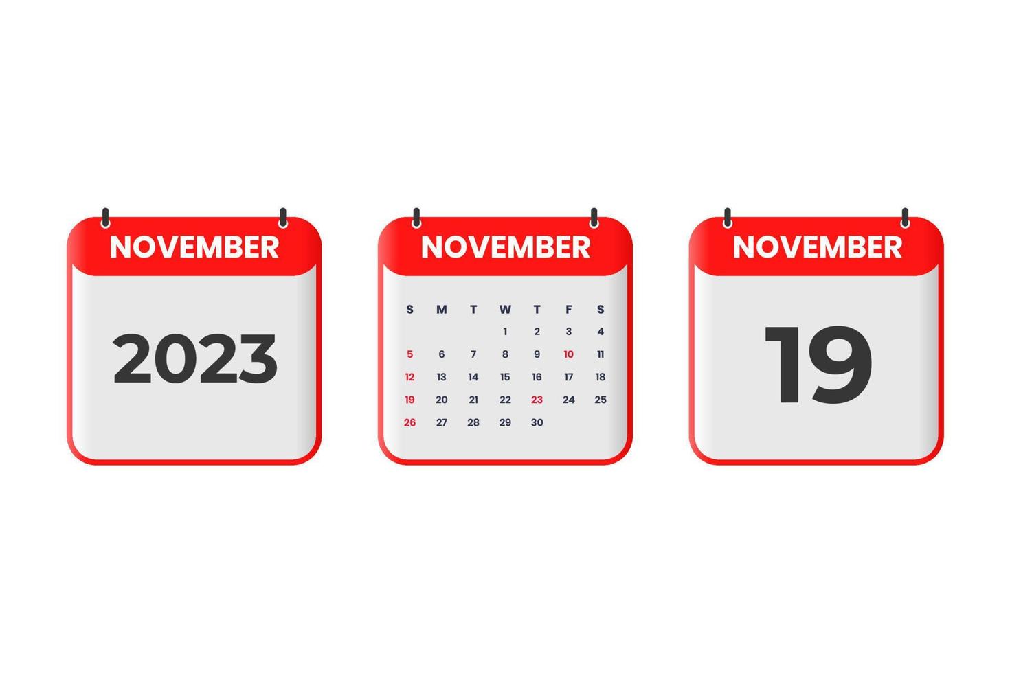 diseño de calendario de noviembre de 2023. 19 de noviembre de 2023 icono de calendario para horario, cita, concepto de fecha importante vector