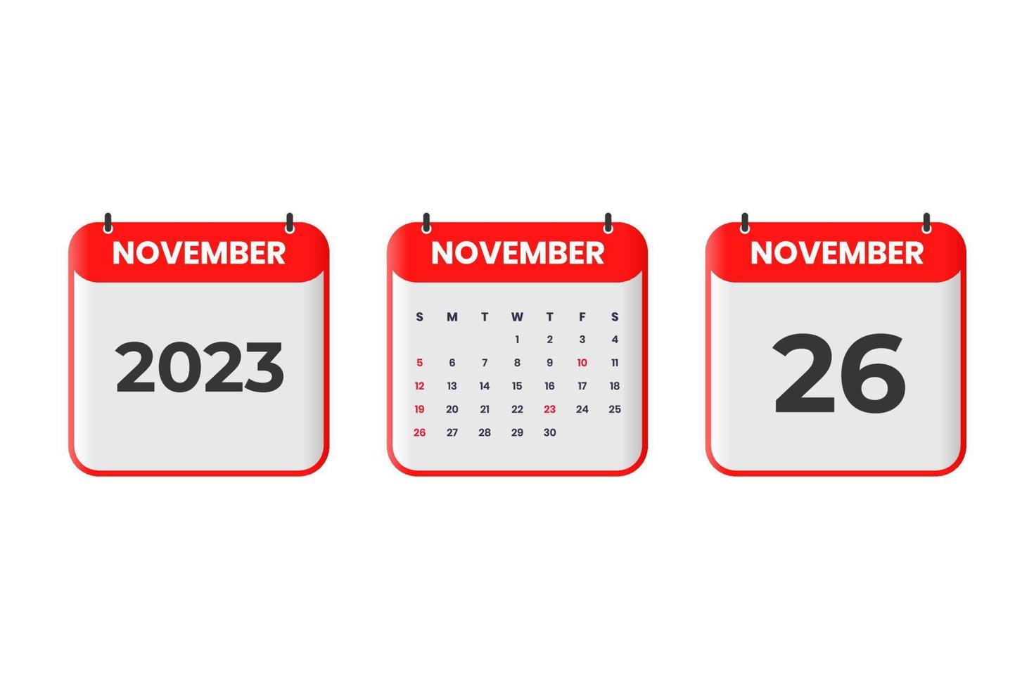 November 2023 calendar design. 26th November 2023 calendar icon for schedule, appointment, important date concept vector