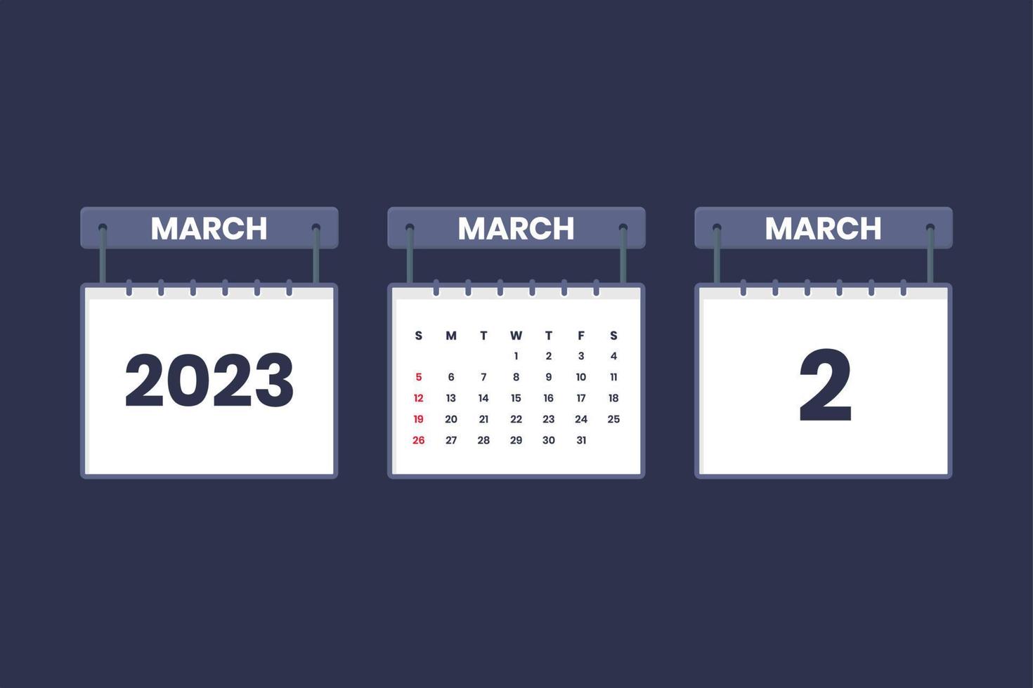 2 March 2023 calendar icon for schedule, appointment, important date concept vector