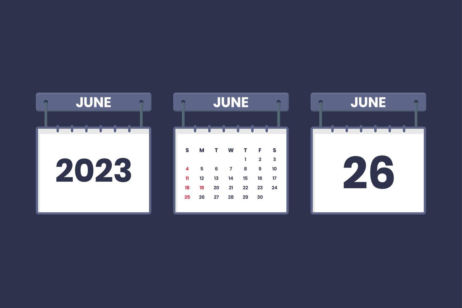 26 June 2023 calendar icon for schedule, appointment, important date concept vector