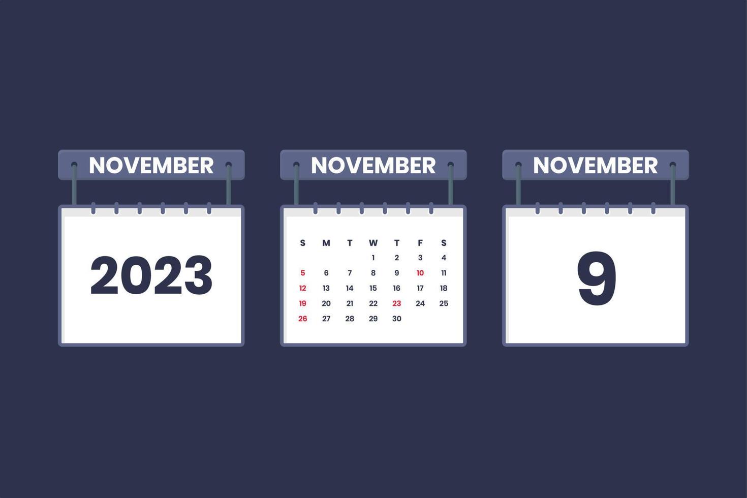 9 November 2023 calendar icon for schedule, appointment, important date concept vector