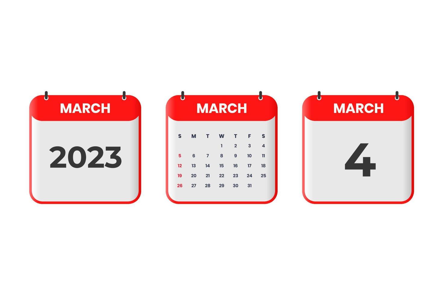 diseño de calendario de marzo de 2023. 4 de marzo de 2023 icono de calendario para horario, cita, concepto de fecha importante vector