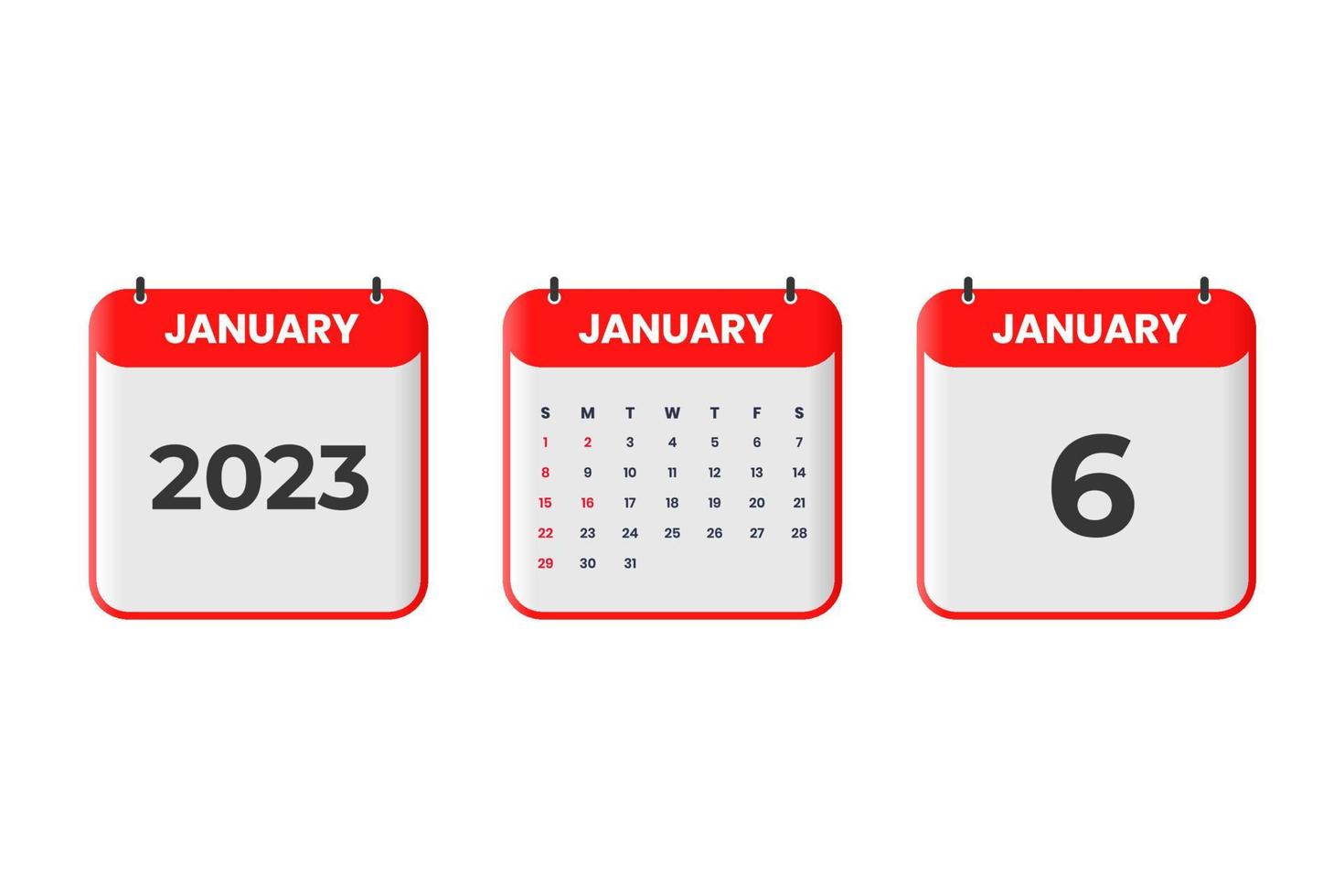 January 2023 calendar design. 6th January 2023 calendar icon for schedule, appointment, important date concept vector